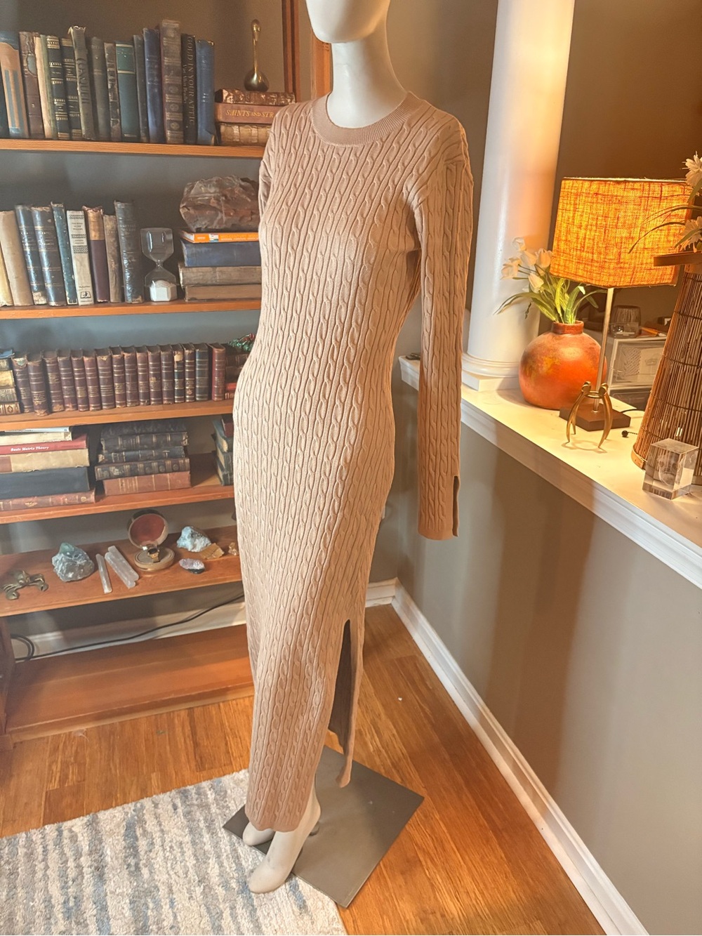 Ribbed Cable-Knit Long Sleeve Maxi Dress in Camel